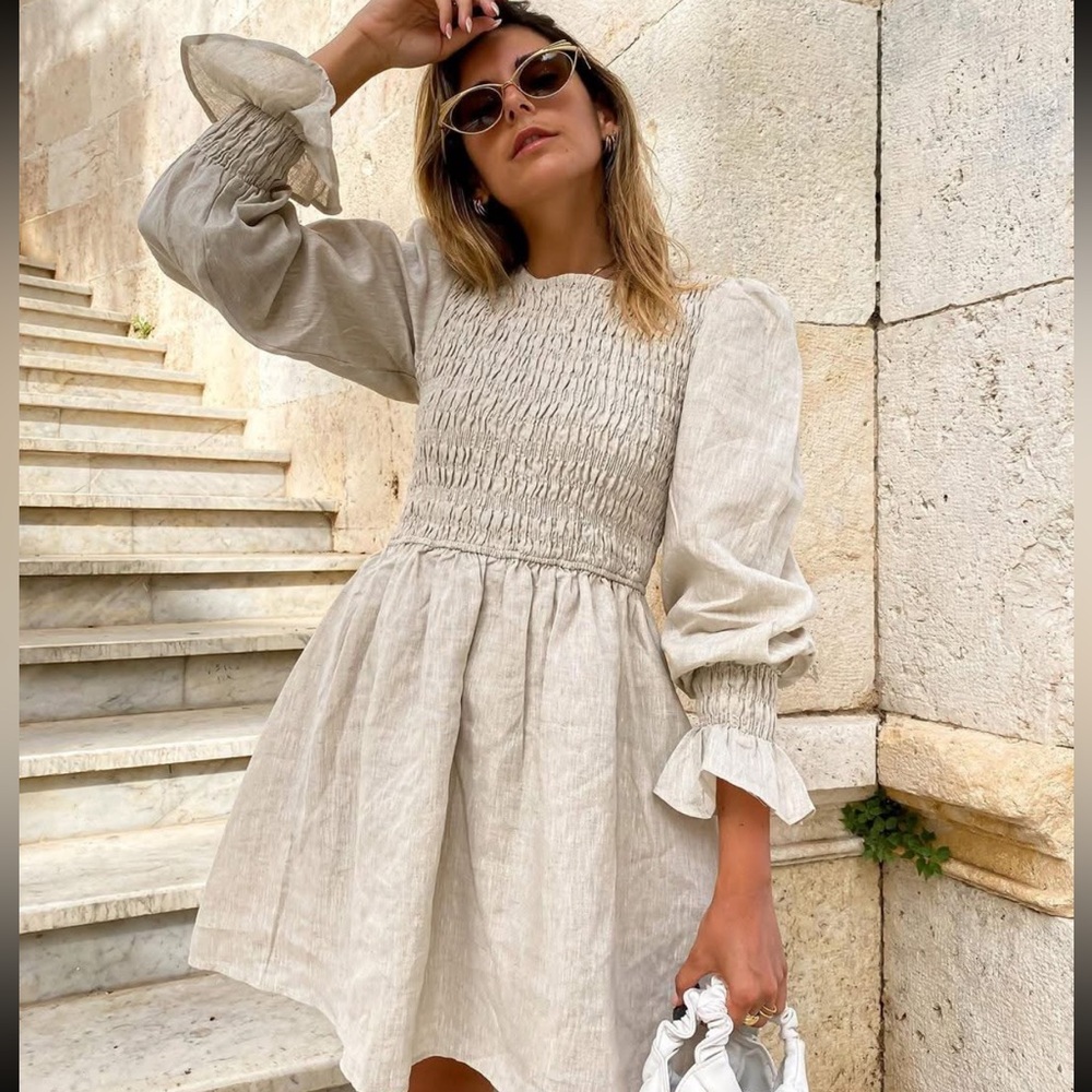 DISSH Beige Long Sleeve Dress with Smocked Bodice